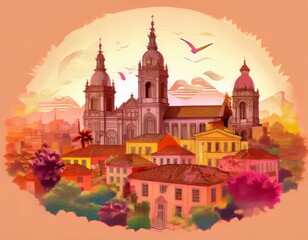 Fototapeta premium skyline silhouette city of braga, colorful, artistic depiction of a cityscape with prominent buildings and a cathedral. scene is vibrant ,lively, capturing charm and beauty of a historic city.
