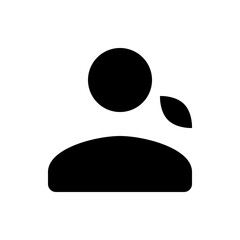 Black silhouette of a person with a circular head and a leaf shape next to it on a white background image