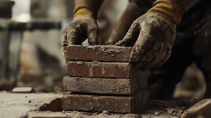 Construction Worker Laying Bricks