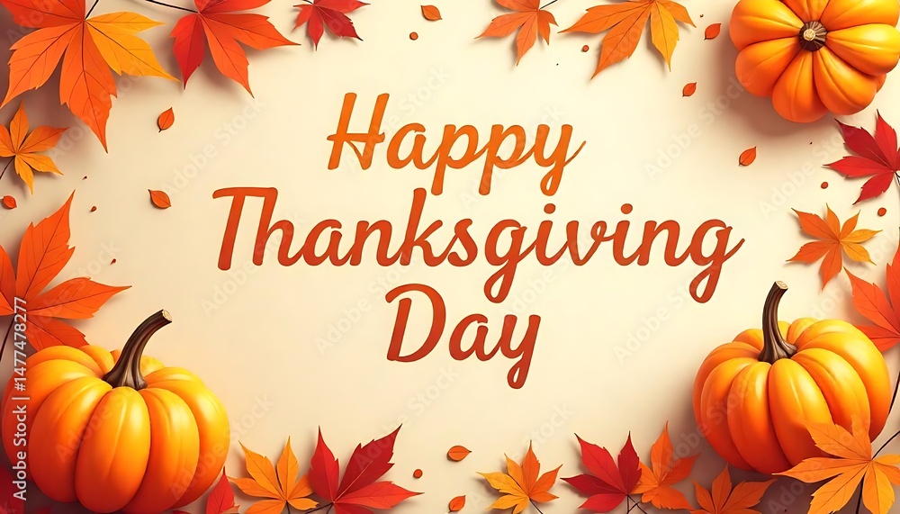 Fototapete happy thanksgiving day party poster template with autumn leaves and pumpkins. vector illustration em