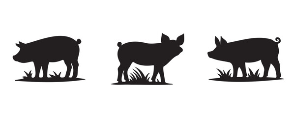 Three black pig silhouettes in side profile, each with distinct body shapes and features, isolated on a white background for farm, livestock, or agricultural design use