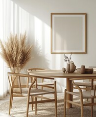 Sunlit Minimalist Dining Room with Wooden Furniture and Pampas Grass