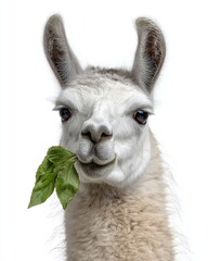 Obraz premium Close-up of a llama happily chewing on fresh green leaves against a plain white background