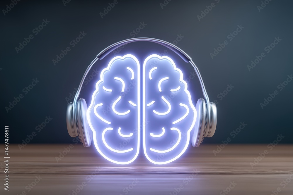 Poster a creative visualization of a glowing brain integrated with headphones symbolizing the synergy betwe