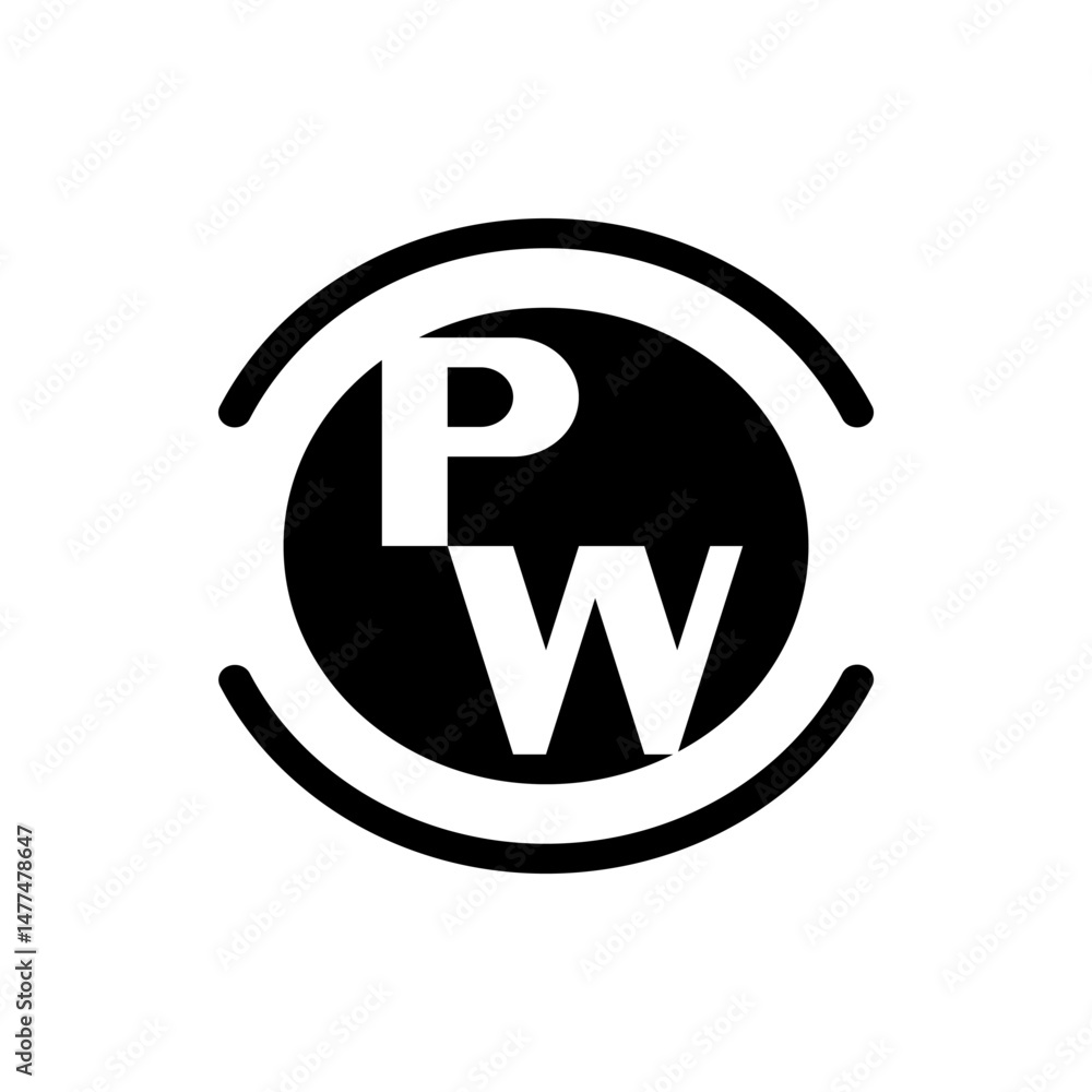 Poster illustration of a black circle containing the letters p and w in white with two curved lines around 