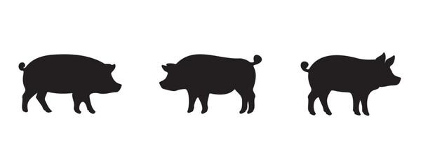 Three black pig silhouettes in side profile, each with distinct body shapes and features, isolated on a white background for farm, livestock, or agricultural design use