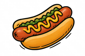 Hot dog sausage bun mustard relish fast food snack cartoon illustration delicious lunch