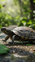 Forest Turtle on Wet Stone with Morning Dew | World turtle day | world sea turtle day | sea turtle | save turtle | 4k hd high quality turtle wallpaper background for mobile phone 16:9