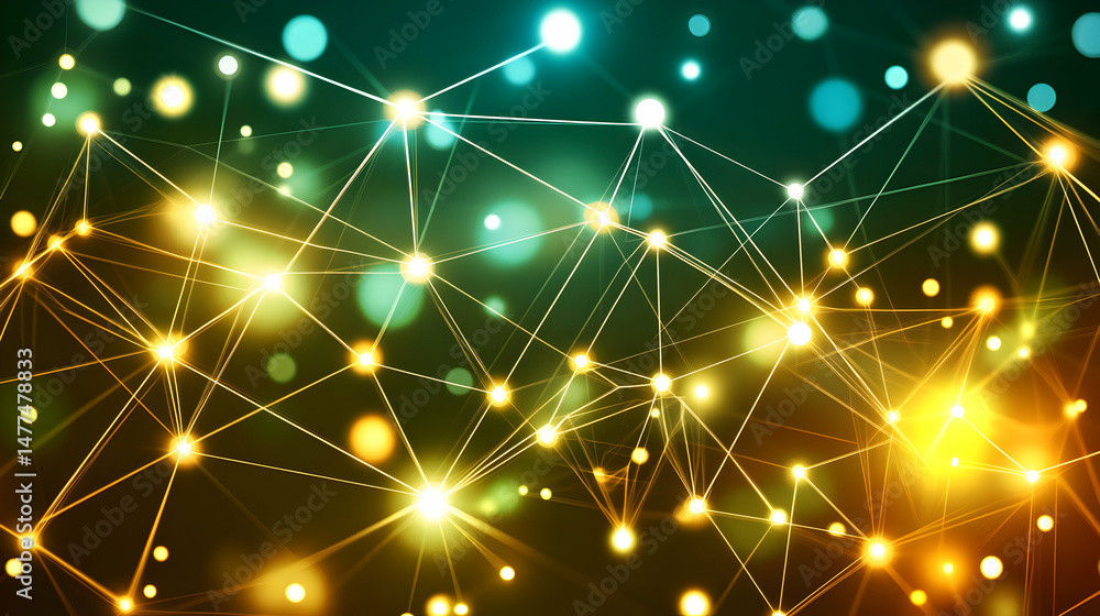 Poster abstract network connection background. golden and green glowing nodes and lines. ideal for technolo