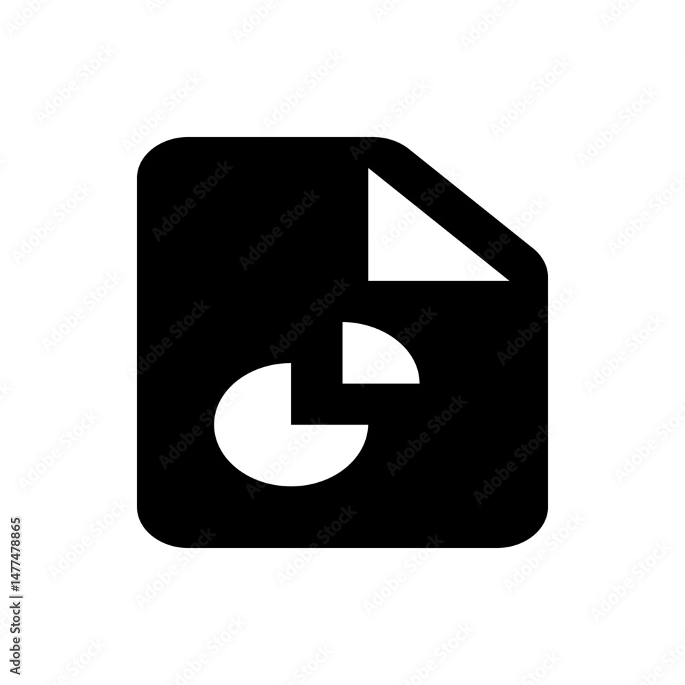 Poster black document icon with a folded corner and a white pie chart inside representing data analysis