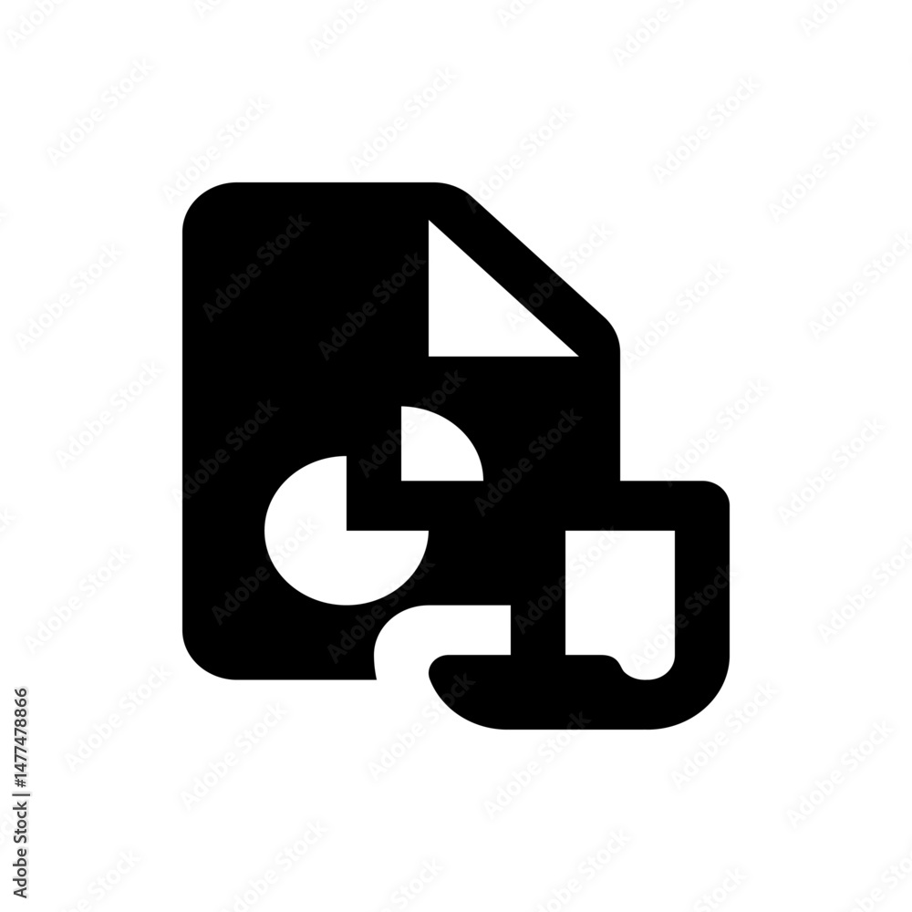 Poster black document icon with a folded corner and a pie chart element in the bottom left corner design ic