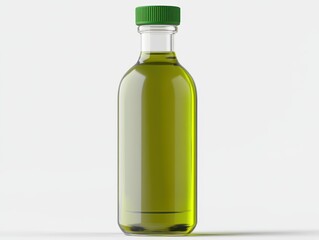 Clear glass bottle filled with green liquid, capped with green lid