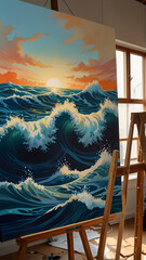 Large ocean wave painting on an easel in a sunlit studio, with a wooden stool and a small easel nearby, capturing a vibrant seascape with dramatic motion and warm sunset colors.