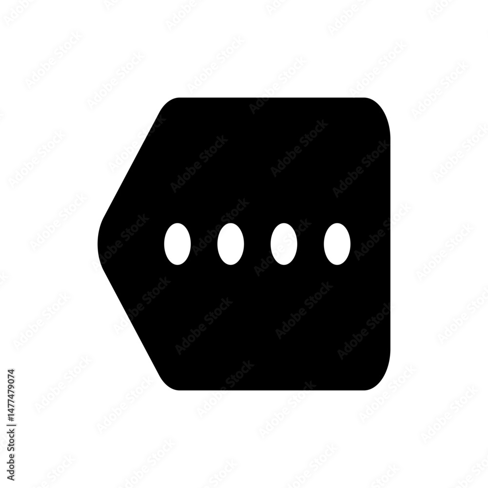 Poster black shape with a left pointing arrow and four white circles aligned horizontally in the center are
