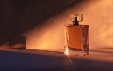 Elegant perfume bottle illuminated by soft golden light, casting shadows on a textured surface