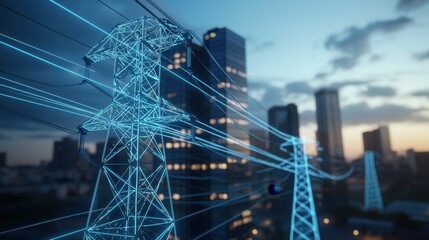 Futuristic Smart City at Dusk with Glowing Power Lines and Tall Buildings