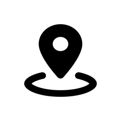 A simple black location pin icon with a circular base indicating a specific geographical position on maps
