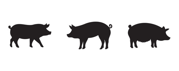 Set of three pig silhouettes in different poses, isolated on white background. Simple black vector illustrations representing pigs in profile view