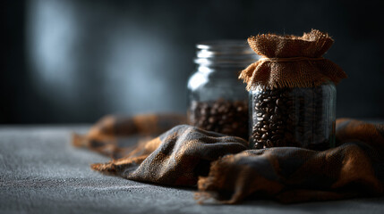 Two glass jounce filled with coffee beans, with a browned burlap bag placed on a gray surface.
