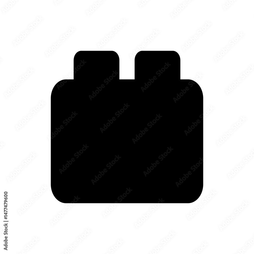 Poster illustration of a black building block toy with two studs on top and rounded edges on a white backgr