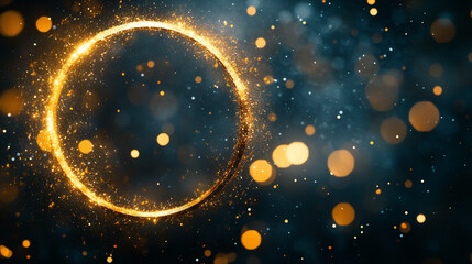 A golden, circular halo on the left side of an abstract, dark background with glitter and bokeh lights, creating a beautiful and dreamy atmosphere.