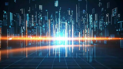 Futuristic cityscape of digital data visualized as glowing skyscrapers at night - Powered by Adobe