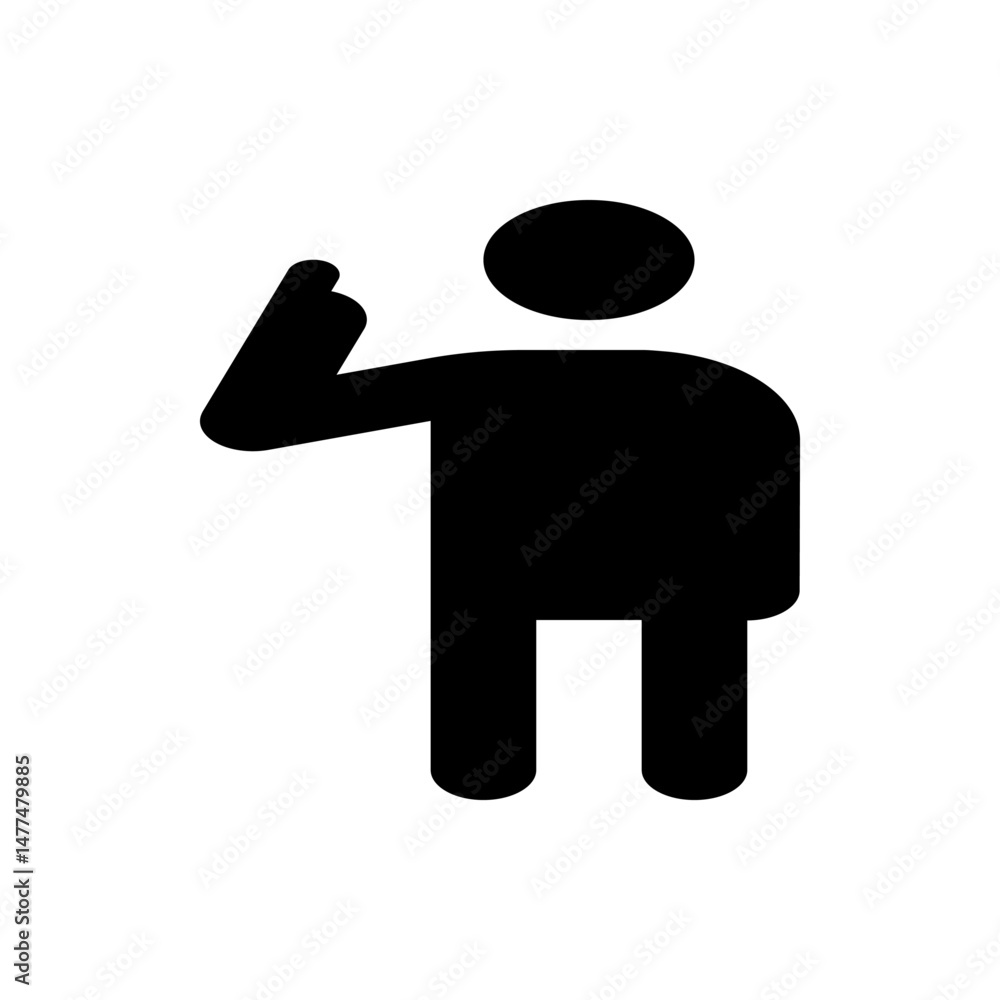 Poster silhouette of a person standing with one arm raised and index finger pointing upwards in a simple de