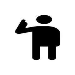 Silhouette of a person standing with one arm raised and index finger pointing upwards in a simple design