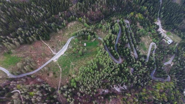 Aerial scenic view of Vrsic Pass,  the highest mountain pass in Slovenia, Europe