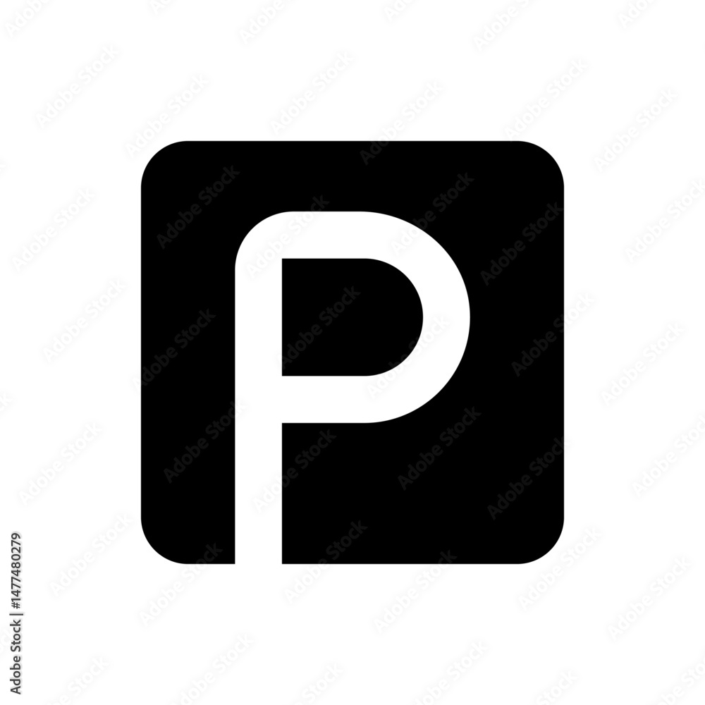 Poster white letter p inside a black rounded square representing parking symbol in a simple and clean desig