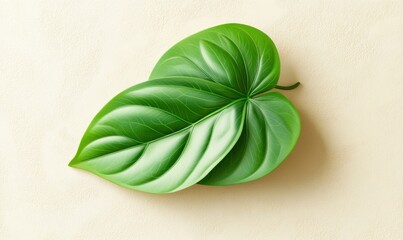 Two green leaves on beige background, nature, minimal, botanical, flatlay, design element