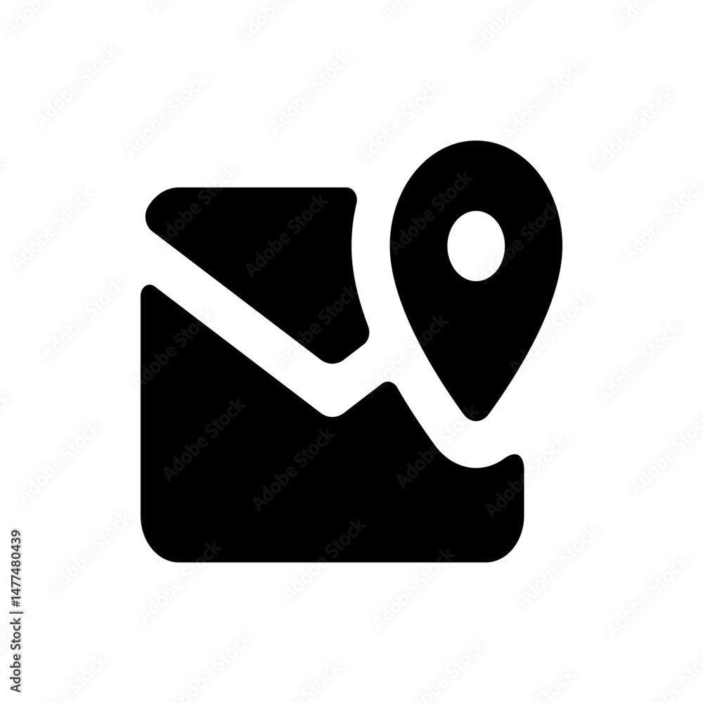 Poster black map with a white line and a black location pin on the right side of the map icon illustration