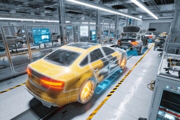 Obraz premium AIpowered quality control in a car factory, smart sensors detecting flaws