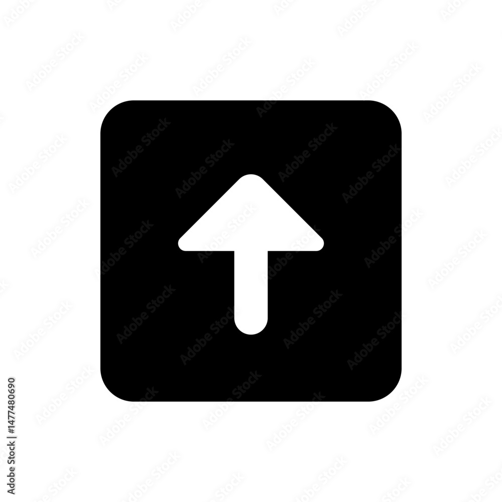 Poster white upload arrow pointing upwards centered on a black square with rounded corners and white edges