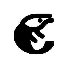 A stylized black silhouette of a creature with a visible eye and rounded body on a white background