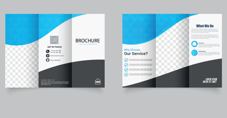 Professional trifold brochure layout with modern minimalist wave design in blue, white, and black colors. Perfect for corporate services, real estate, technology, or marketing agencies