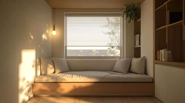 Sunlit reading nook, offering a comfortable spot to unwind with built-in shelving and a serene atmosphere.