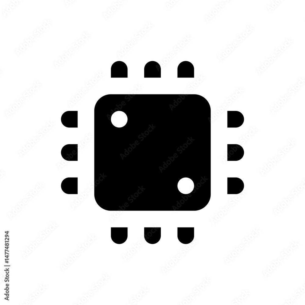 Poster illustration of a black computer chip with rounded corners and two white circles on it and pins arou