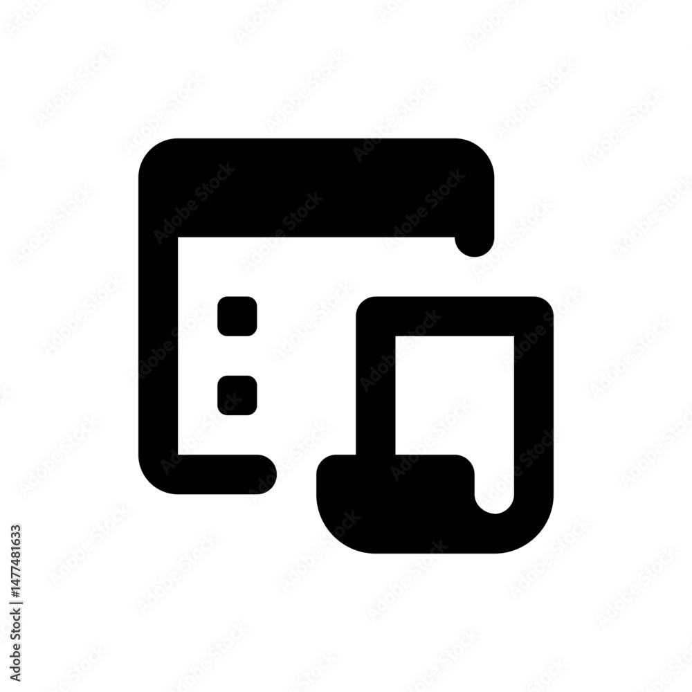 Aufkleber black and white icon of a document with two bullet points and a square attached to the bottom right 