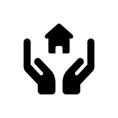 Two hands cupping and protecting a house representing home safety and security in black silhouette design