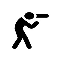 Silhouette of a person with a rounded head and rectangular extension, standing with bent posture and arms raised