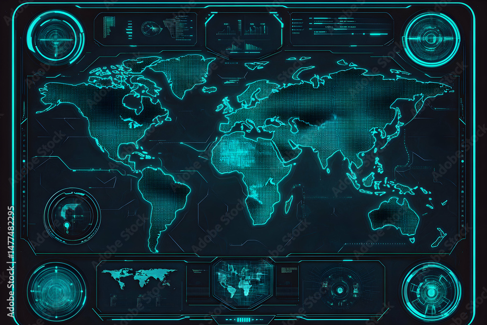 Poster futuristic digital world map interface; global network, data visualization, technology background.