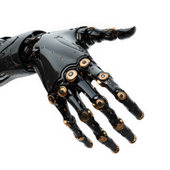 Close up of a futuristic black and gold robotic hand on black background on png transparent background 