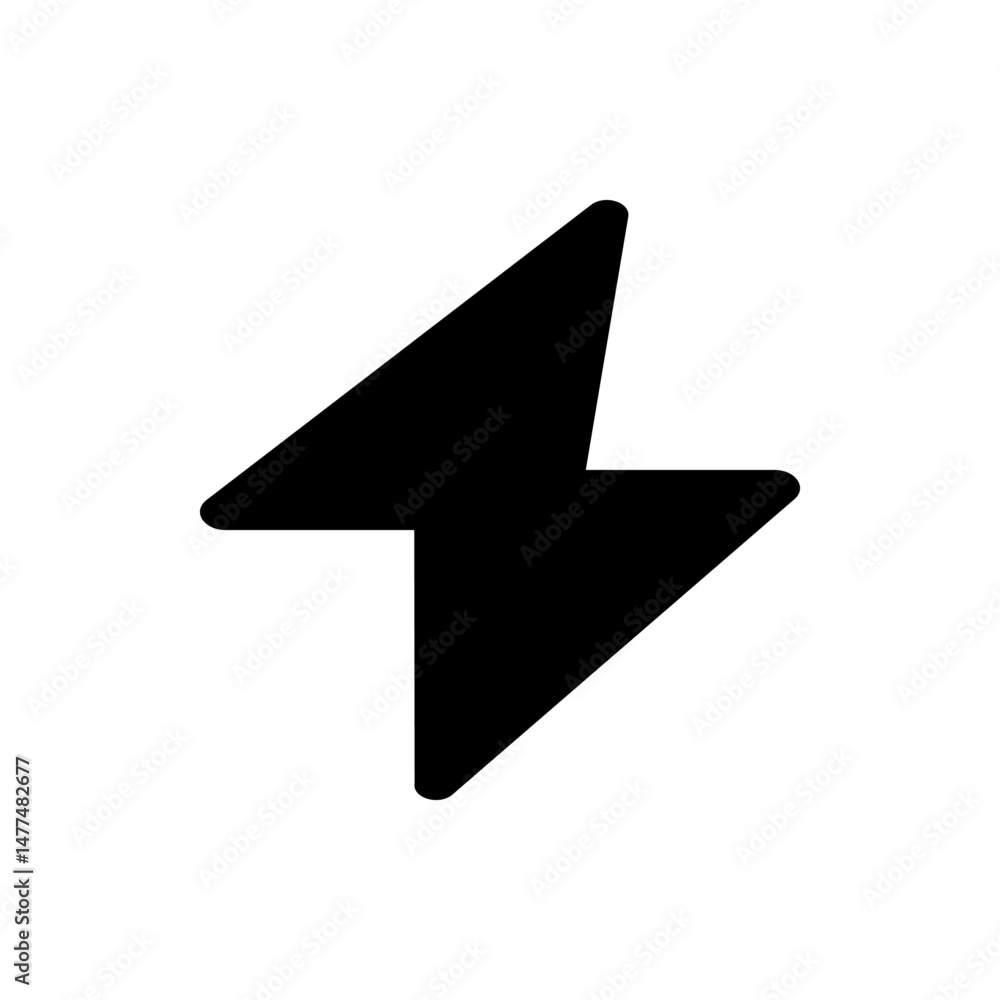 Poster illustration of a black lightning bolt symbol with rounded edges on a plain white background design 