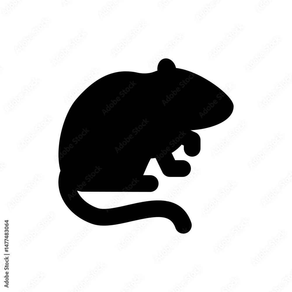 Poster silhouette of a rodent with a long tail and small ears in a solid black color against a white backgr