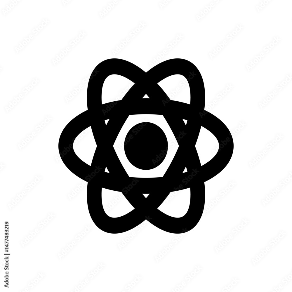 Poster abstract black atom symbol with a hexagon and circle center and looping orbital paths, isolated on w