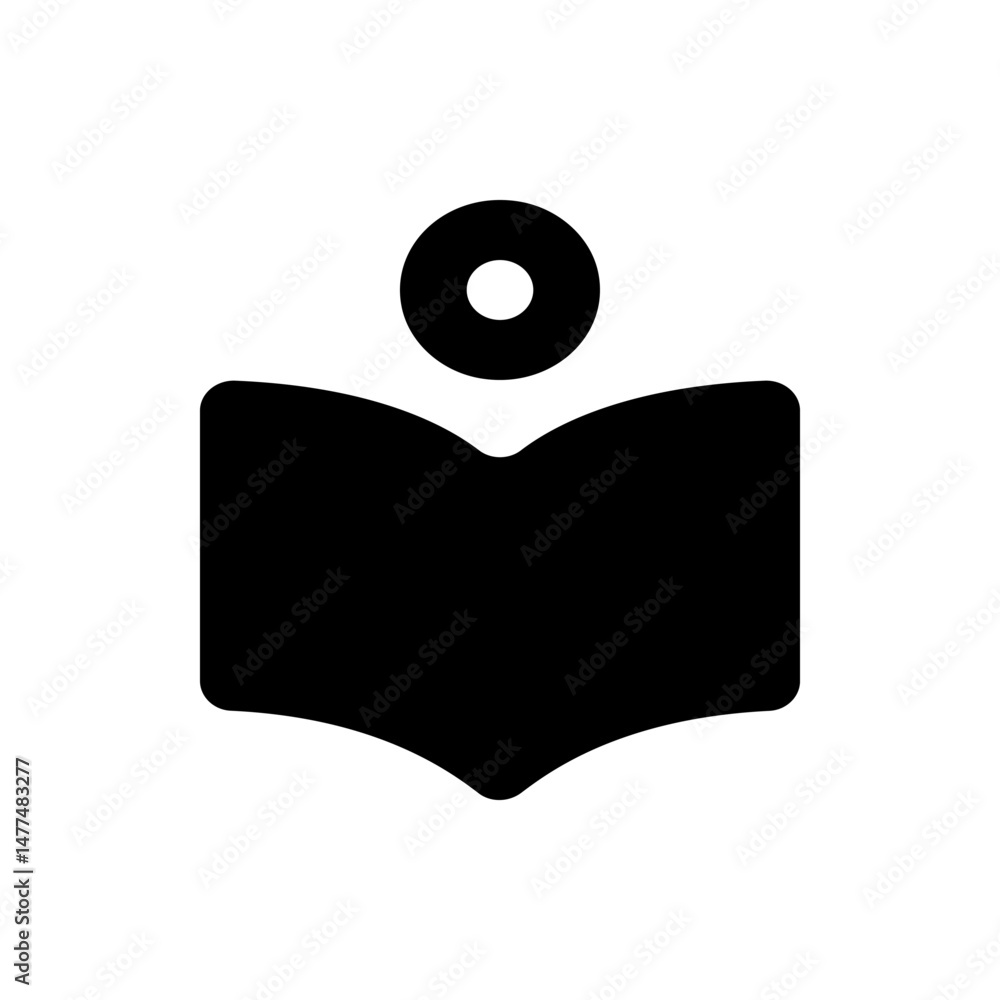 Poster silhouette of an open book with rounded pages and a circle above it on a white background, simple de