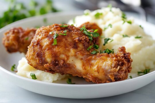 Golden fried chicken paired alongside creamy mashed potatoes presentation food