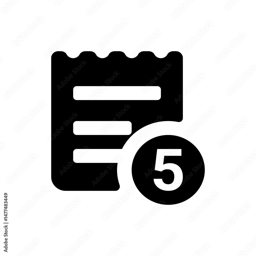 Aufkleber black and white icon of a document with wavy top edge and horizontal lines with a number five on it