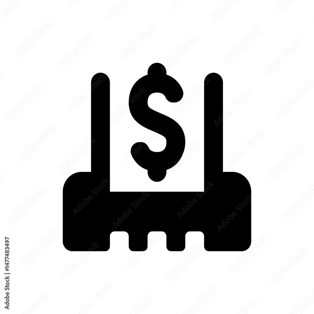 Poster black dollar sign icon displayed between two vertical bars on a horizontal base structure design ele